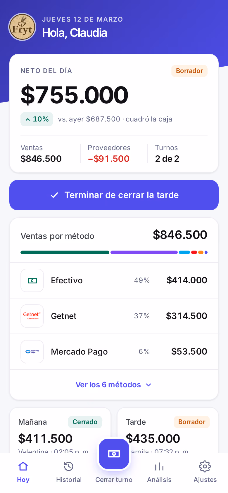 Pantalla de inicio en un teléfono, con el saludo, el total de ventas del día y dos tarjetas para el turno de la mañana, cerrado, y el de la tarde, en borrador.